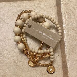 Gold and Cream Beaded Bracelet Set of 4 Bracelets with charms